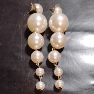 Elegant Faux White Pearl 4" Drop Chandelier Earrings Dangle